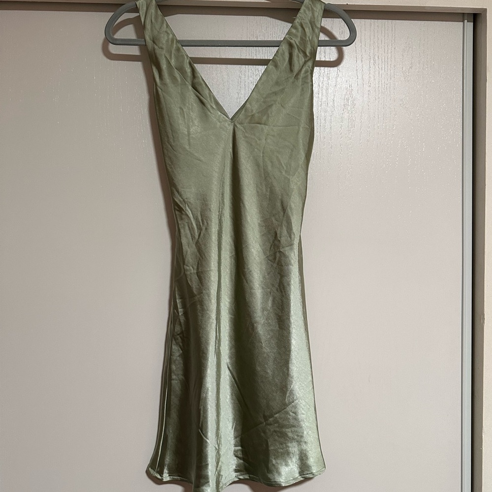 Sage green tie back satin dress